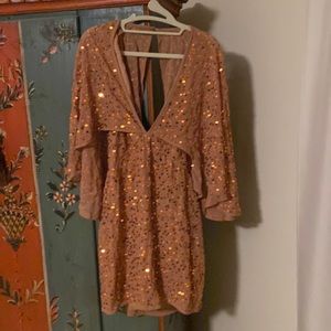 Tan sequin cape backless dress